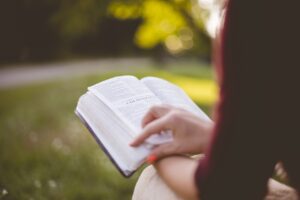 Close up of person reading the bible in the park