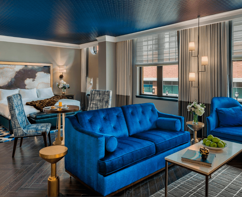 Blue furniture in living area at the Goodwin